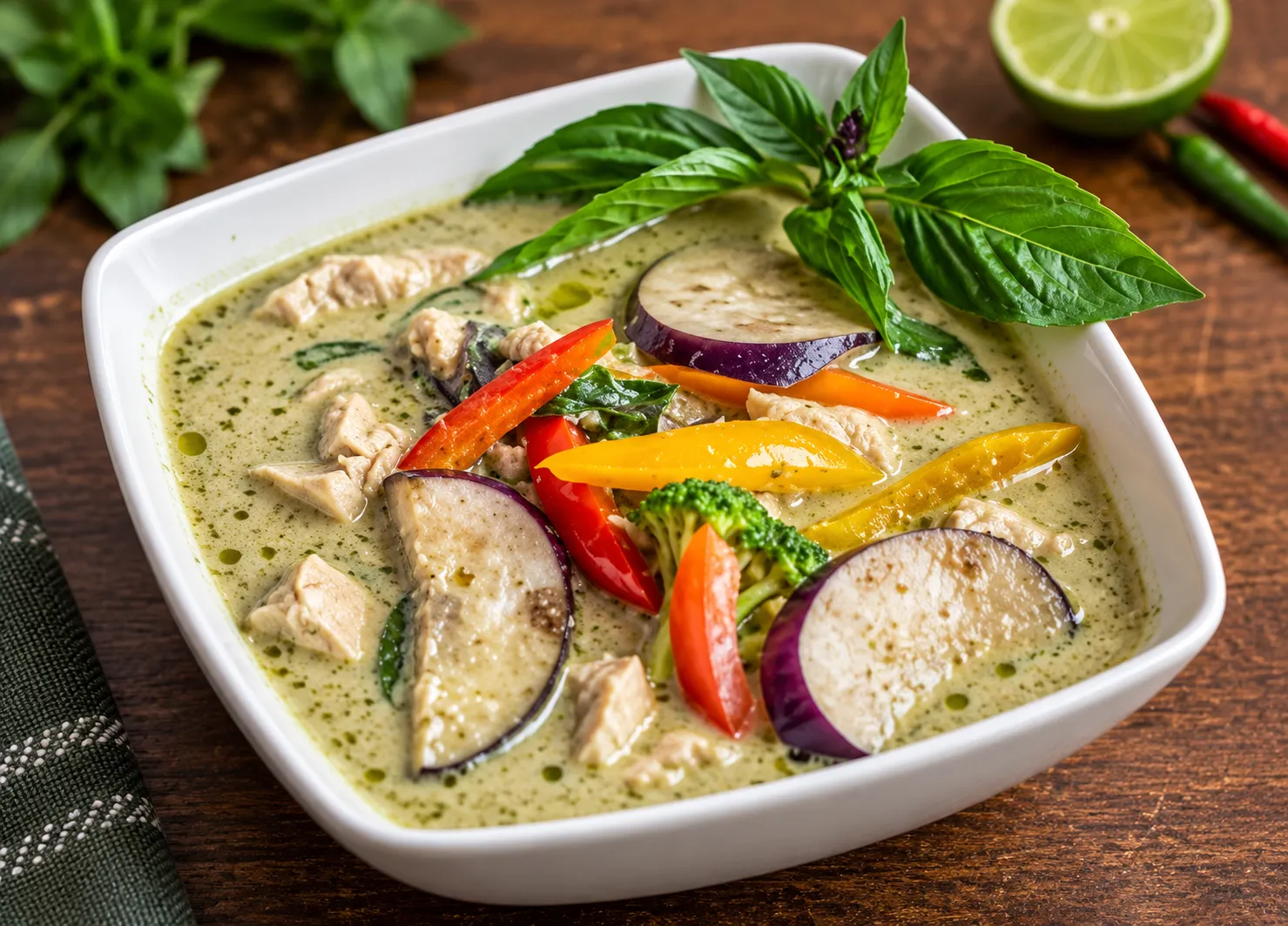 Thai green curry with coconut milk and Thai basil at Bangkok Thai Restaurant in Winnipeg